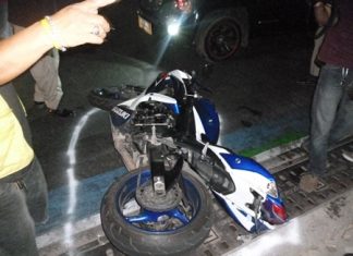 A woman was killed when the driver of this motorcycle lost control and crashed. She was not wearing a helmet.